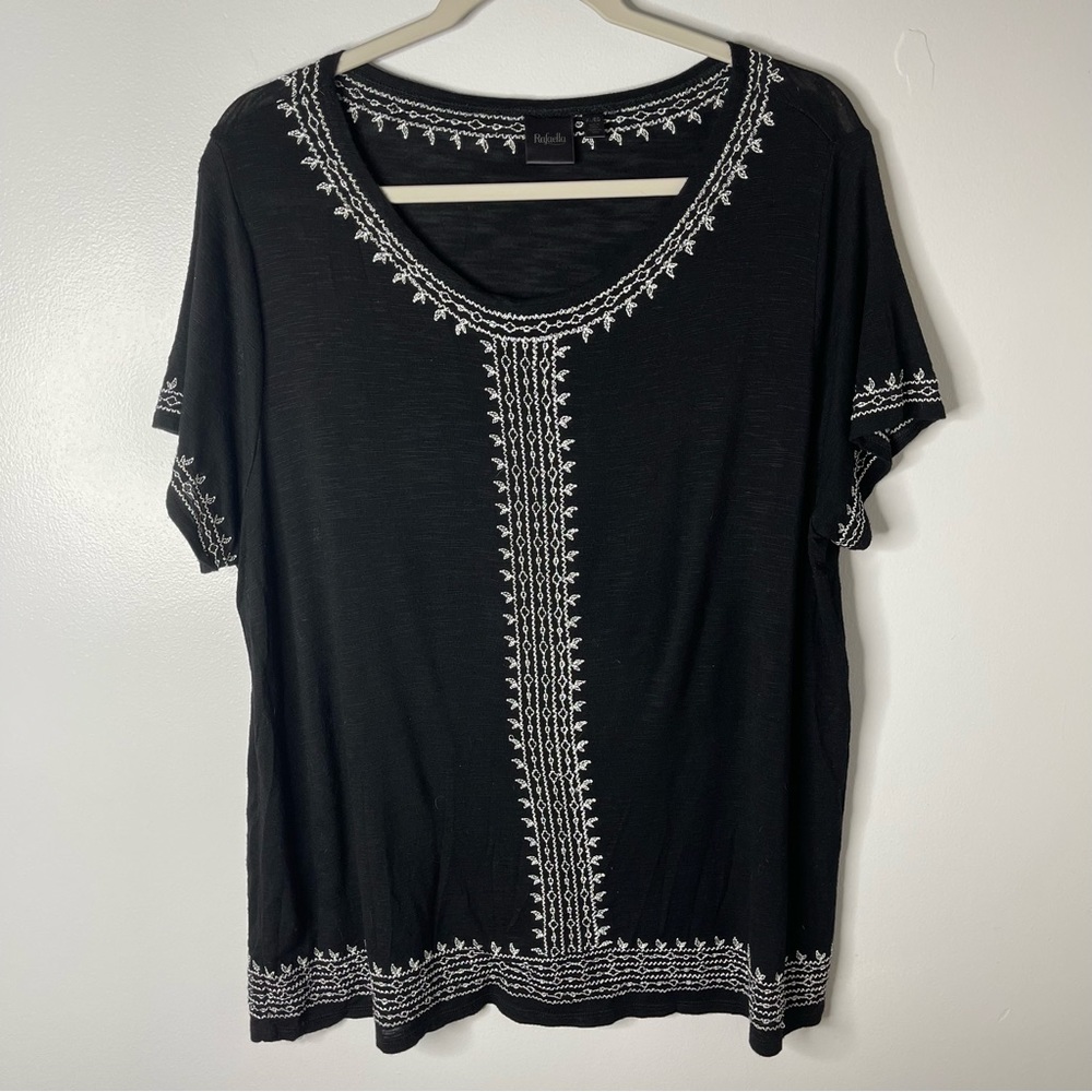 Rafaella Top Black XL Short Sleeve Boho Embroidered Stretchy